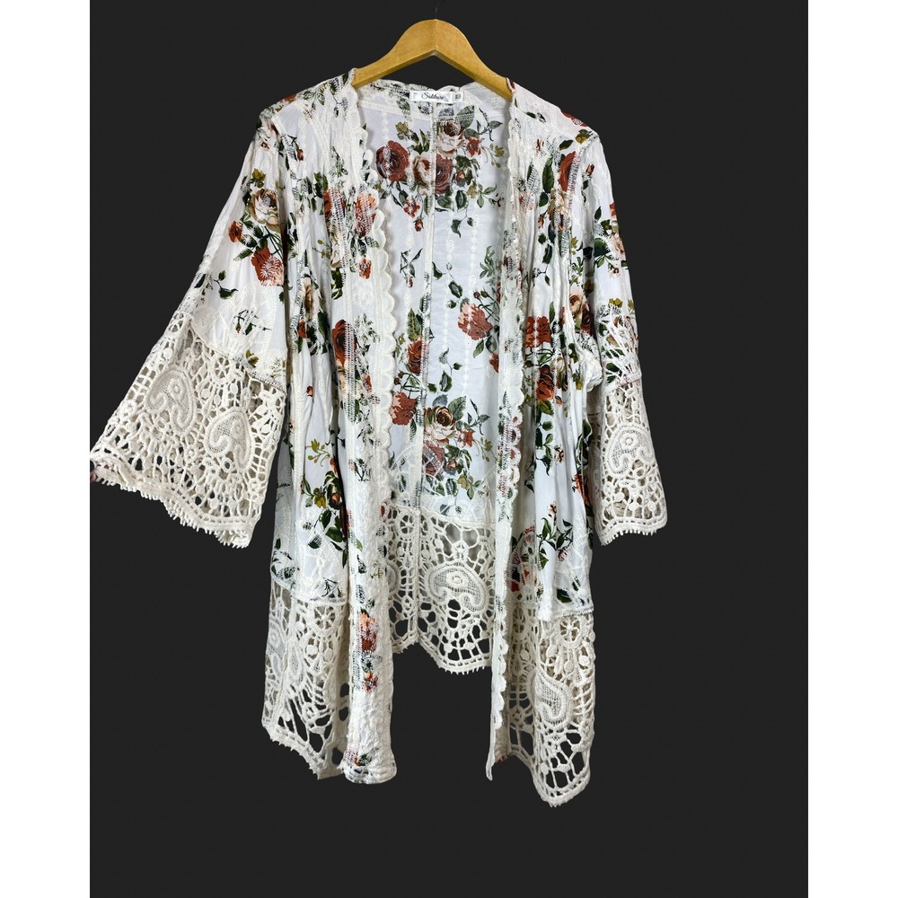 Anthropologie Solitaire Womens 3X Floral Kimono Cardigan Crochet Lace Cottage